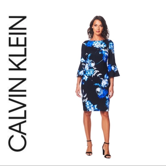 Calvin Klein Bell Sleeve Floral Print Shift Dress - Picture 2 of 7